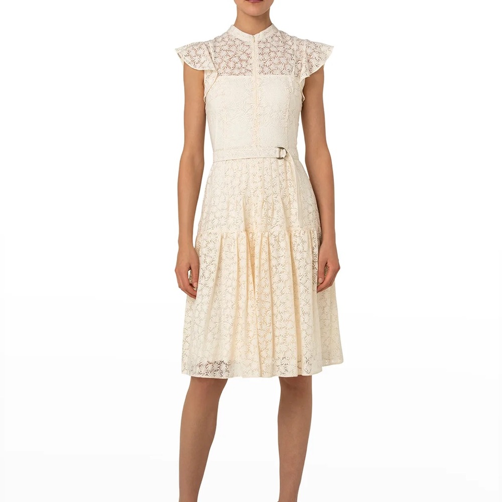 Akris Punto cream Sheer Lace Midi Dress with belt and liner size 10